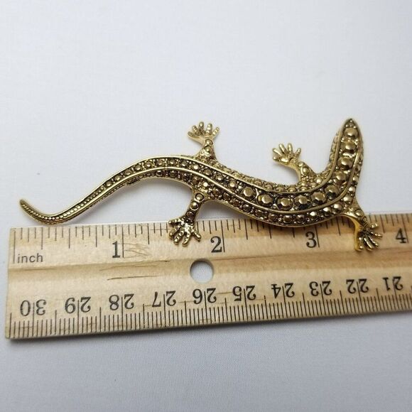 Vintage Lizard Brooch, Gold Tone Gecko, Figural Animal Signed Estate - Picture 5 of 7